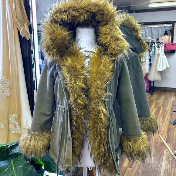 Vintage Olive Green Faux Fur Parka Coat Y2K Boho Festival Jacket Street Style - Picture 4 of 12